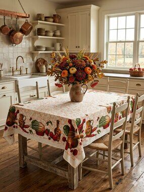 Vintage Autumn Harvest Vegetable Print Cotton Tablecloth 4.5’ x 5.5’ Farmhouse